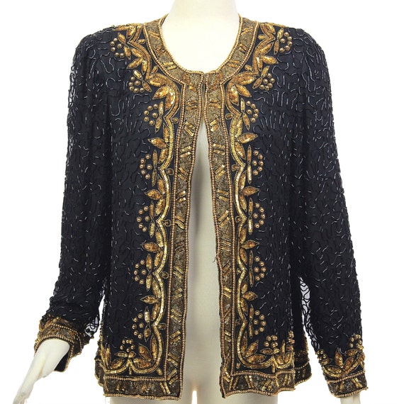 Vintage 80s sequin beaded jacket top gold metallic Gatsby deco