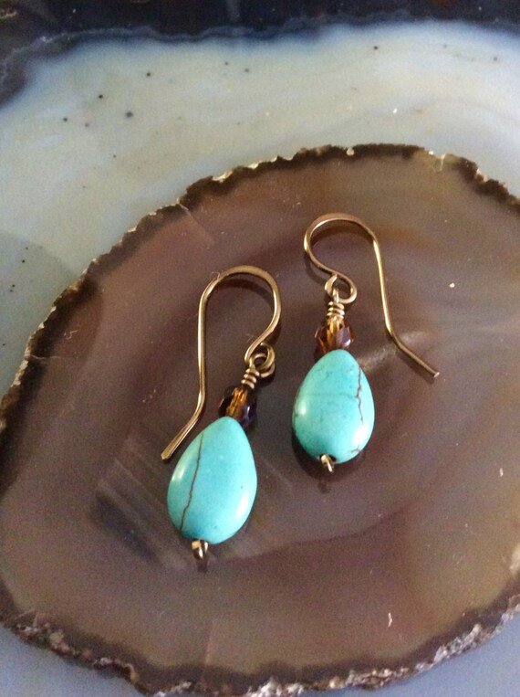 Turquoise Drop Earrings Antique Bronze Brown Crystal Hammered
