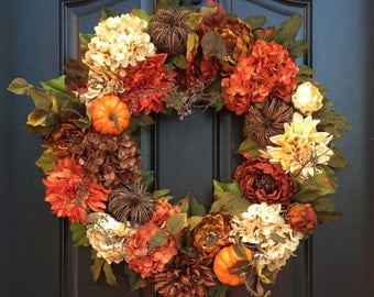 Autumn Wreaths, Fall Hydrangea Wreath, Fall Wreaths, Front Door Wreaths, Pumpkins Wreath, THANKSGIVING WREATH, Hydrangea WreathS