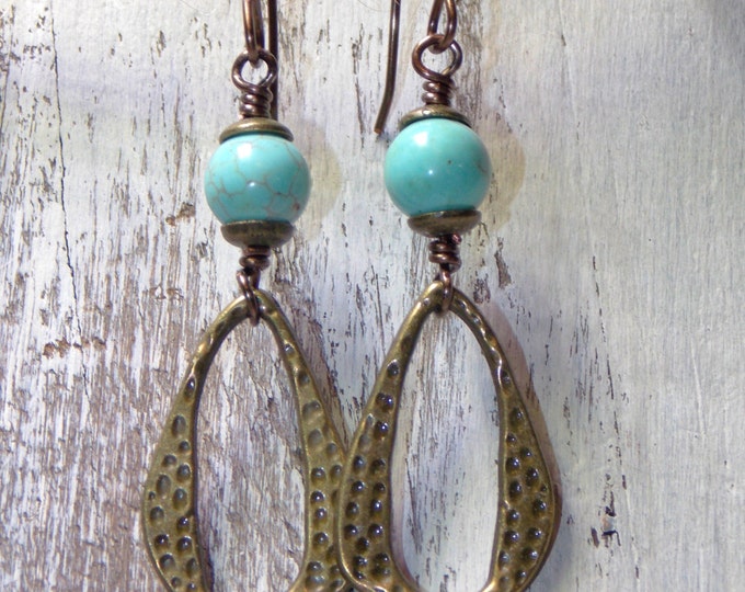 Boho Earrings Southwest Earrings Brass Turquoise Earrings Bohemian Earrings Drop Earrings Dangle Textured Earrings Jewelry