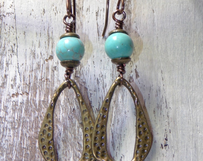 Boho Earrings Southwest Earrings Brass Turquoise Earrings Bohemian Earrings Drop Earrings Dangle Textured Earrings Jewelry