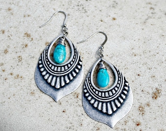 Turquoise Jewelry, Silver Chandelier Earrings, Genuine Arizona Turquoise, Bohemian Earrings, Boho Chic, December Birthstone