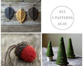 Seasonal Pattern Bundle - Knitting Pattern - Knit Acorn  - Jack Pine Tree - Autumn Leaves - Christmas Ornament - Amigurumi - Waldorf