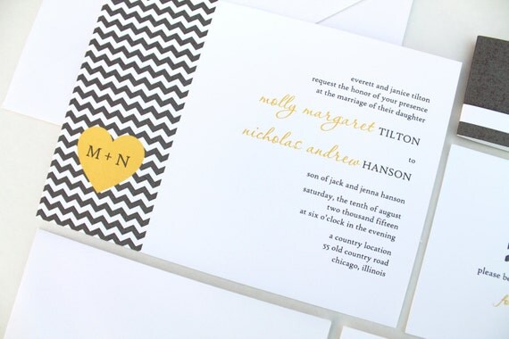 Yellow & Gray Wedding Invitations, Chevron Wedding Invitations, Heart Wedding Invites, Belly Band, Modern, Simplistic, Contemporary Il_570xn