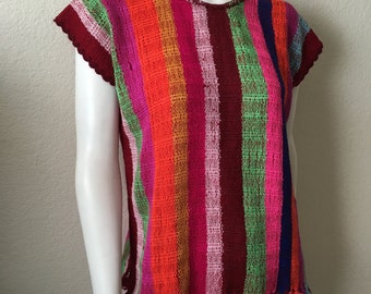 Vintage Women's 70's Boho, Poncho Top, Striped Colorful, Acrylic, Sleeveless (M/L)