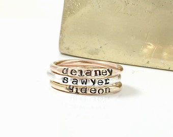 Stacking Name ring SET of 3, Rose Gold Filled, Yellow Gold Filled, and Silver Stacking Name Rings, Mixed Metals Name Rings, Personalized