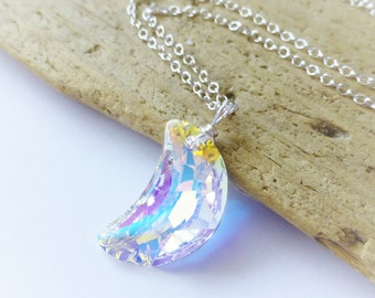 Moon Necklace, Swarovski Moon Necklace, Aurora Borealis, Crescent Moon, Wire Wrapped Pendant, Prism, Lunar, Space, Gift for Her