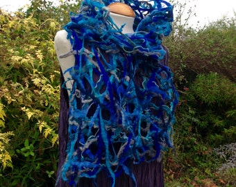 Felted wool scarf blues teal grey gray - lacy cobweb felted wool - fiber art to wear lagenlook MADE TO ORDER