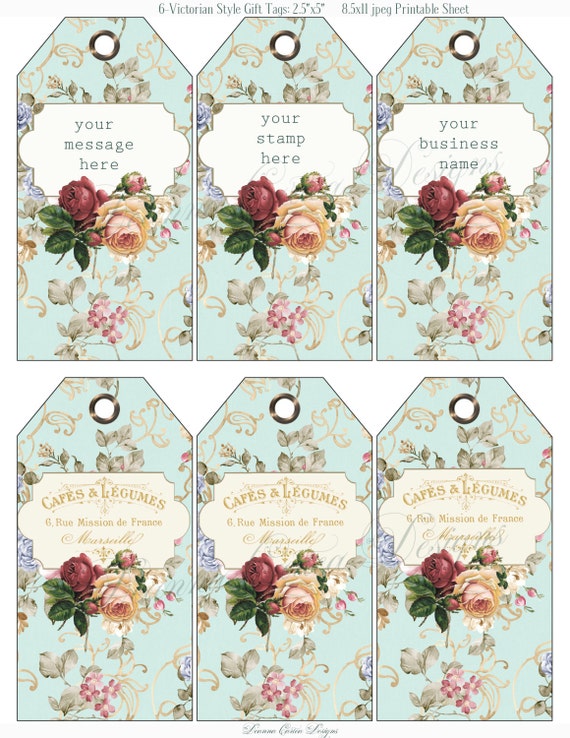 Items similar to Victorian floral printable Tags 2.5x5, shabby chic ...