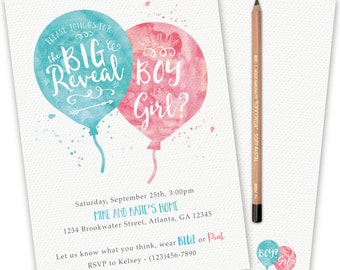 Gender Reveal Invitation- Watercolor / Balloons / Gender Reveal / Blue or Pink / Boy or Girl / Printable