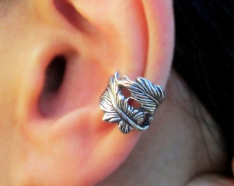 Double feather ear cuff Sterling Silver earrings Feather jewelry Feather earrings Sterling silver ear cuff Small clip for men & women C-199