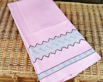 Vintage Cotton Dish Towel, Dusty Rose with Grey and Black Geometric Embroidery, Huck Cloth