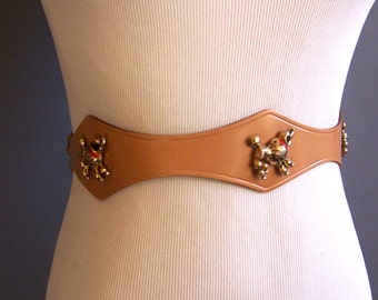 late 1940s tan leather poodle studs novelty belt 1940s belt, 40s belt, novelty belt, poodles belt