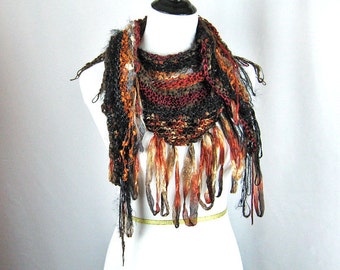 Hand Knit Shawl, Looped Fringe, Wide Triangle, Browns and Rusts, Novelty Yarns, High Fashion Accessory, Handmade Gift, Ribbons and Fluff