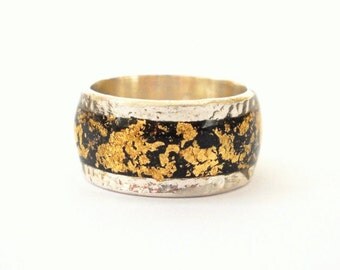 Black gold ring Sterling silver ring inlaid with gold foil finished with resin black silver ring black gold ring, men ring, silver ring men