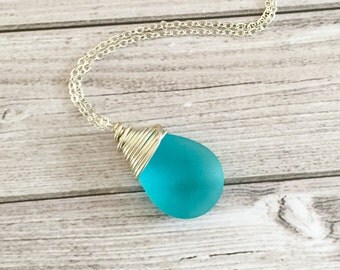 Blue necklace for her - Elegant jewelry gift for women - Silver sea glass jewelry - Mothers gift - Teardrop Pendant - Swirl Wire Wrapped