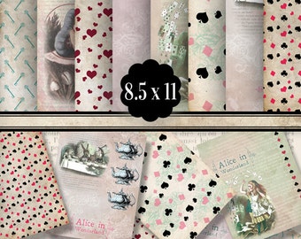 Alice in Wonderland Paper 8.5 x 11 inch paper pack printable hobby crafting scrapbooking instant download digital collage sheet - VDPAAL1335