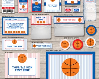 Basketball Party Package - Navy Blue & Red - full Printable Set - INSTANT DOWNLOAD with EDITABLE text - you personalize at home