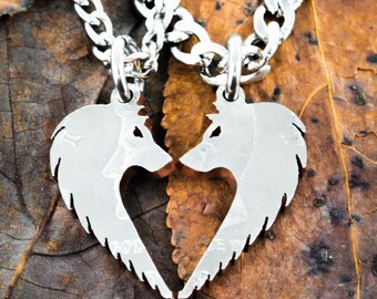 Wolf Necklace Set, Wolves making Heart, Relationship Jewelry, Half Dollar, hand cut coin
