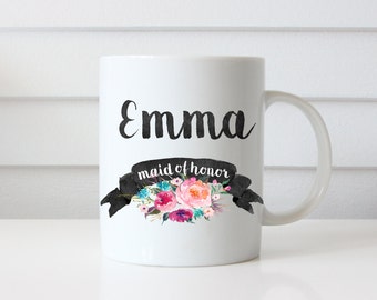 Maid of Honor Mug - Bridesmaid Gift - Bridal Party Gift - Personalized Floral Blackboard Mug - Maid of Honor Gift - Custom Coffee Mug