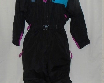 COLUMBIA Ski Suit Insulated Size L RADIAL SLEEVE Hooded 1-Piece Black Teal Pink