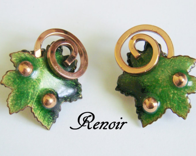 Vintage Renoir Designer Signed Enamel Copper Modernist Earrings / Green Enamel / Jewelry / Jewellery