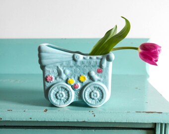 Vintage CC ceramic blue baby carriage planter, vintage nursery room decor, vintage nursery room planter, vintage ceramic planter
