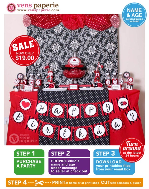 Red LadyBug Birthday Party Package Personalized FULL Collection Set - PRINTABLE DIY - PS815CA1x Il_570xn
