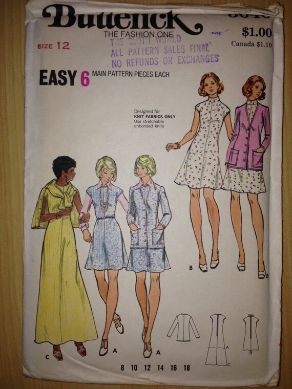 Vintage 70s Butterick 3040 Sewing Pattern Misses Dress and Cardigan Size 12