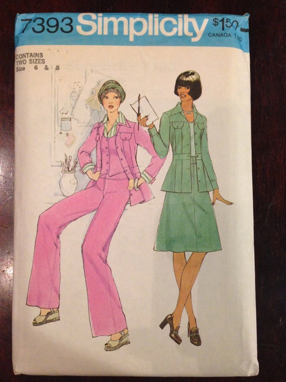 Simplicity 7393 Sewing Pattern 70s Misses Unlined Jacket, Vest, Pants and Skirt Size 6-8