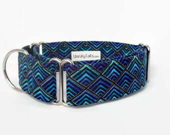 Diamond Peacock Plumes Adjustable Dog Collar- Martingale Collar or Side Release Buckle Collar -Geometric diamonds in blue tones & Gold Lines