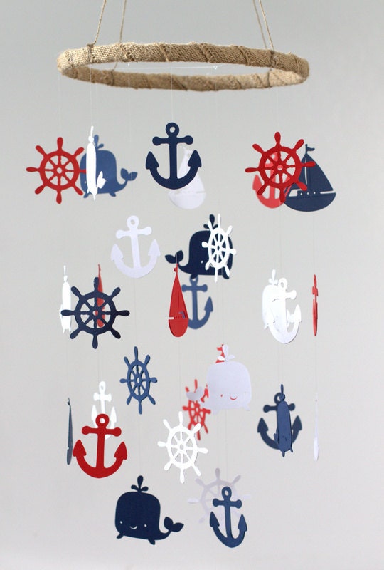 Rustic Burlap Nautical Nursery Mobile LARGE in Navy Red