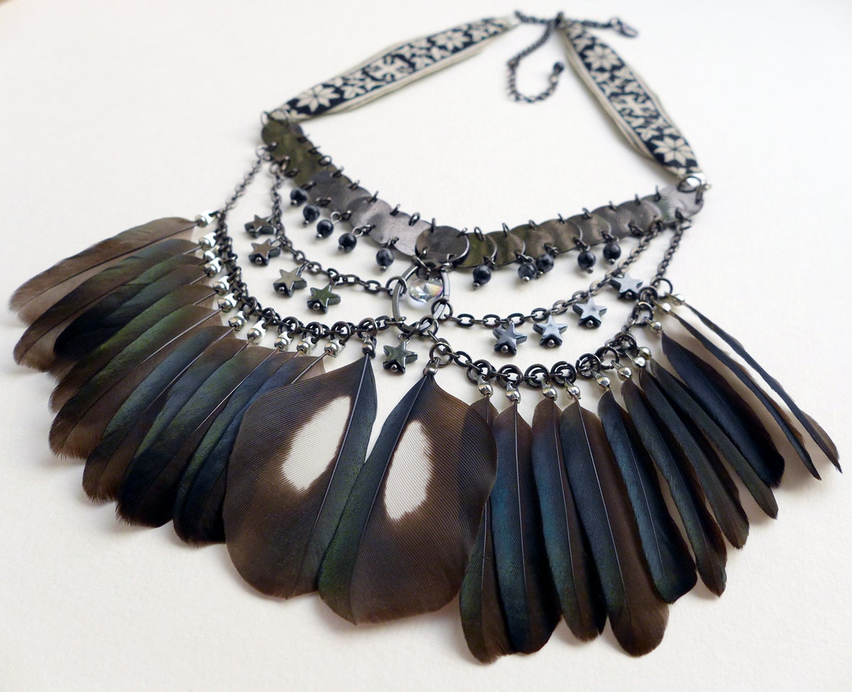 Chainmail and Magpie Feather Bib Necklace assemblage