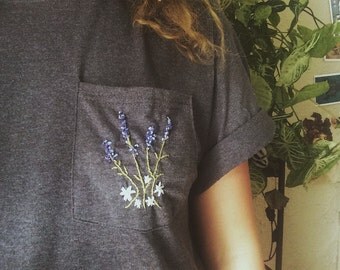 Embroidered Lavender Bouquet Pocket T Shirt