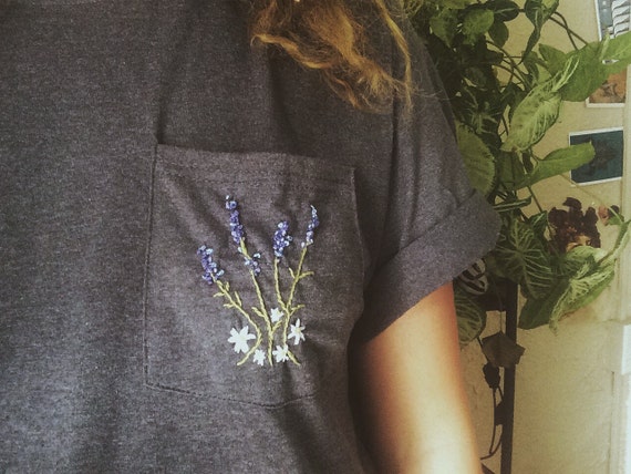 Embroidered Lavender Bouquet Pocket T Shirt