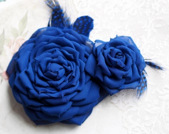 Blue Bridal Flower, Blue Wedding Hair Accessory, Vintage Style Hair Accessory, Blue Flower Hair Clip,Royal Blue Flower,Chiffon Bridal Flower
