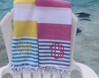 Monogram Turkish Towel Peshtemal Beach Cabana Stripe Personalized Monogrammed Gift