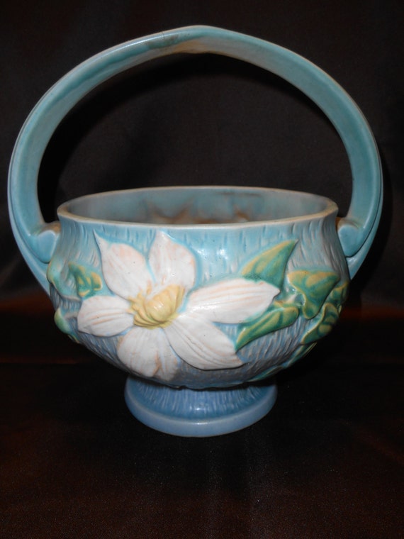 Antique Roseville Pottery Blue CLEMATIS BASKET 38910