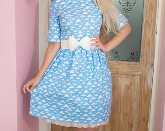 SALE - 1950's Style Cloud Dress With Sleeve, Rockabilly Dress, Cloud Fabric, Vintage Clothing, Vintage Dress, Retro Clothing, Clouds