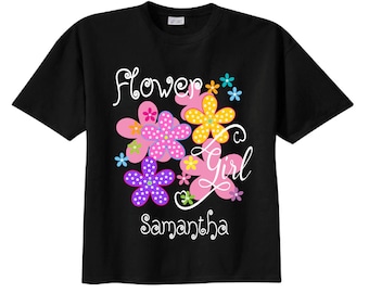 Flower Girl Shirts and Flower Girl Tshirts with Flowers and Colorful Lettering BLACK Tees
