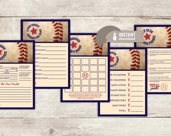 Baseball Baby Shower Game Pack - 5 Games on 8.5" x 11" PDF files with two 5" x 7" Game Cards per page - Instant Download