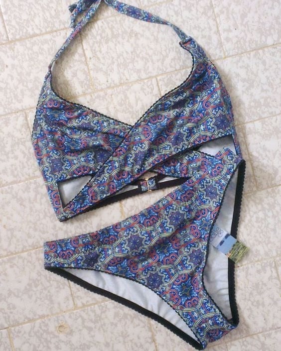 PORTO cut out wrap around bikini set blue tile print RPET