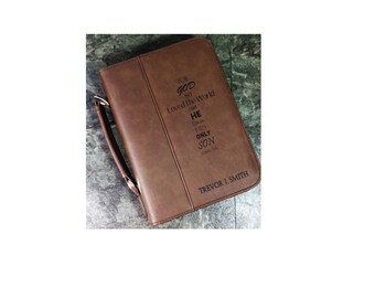 Personalized Leatherette Book/Bible Cover with Handle & Zipper - 7 1/2" x 10 3/4 " - Grey, Light or Dark Brown - Bible Study, Confirmation