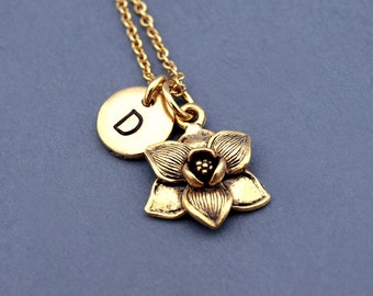 Magnolia flower necklace, Silver Magnolia flower charm, garden charm, Magnolia jewelry, initial necklace, personalized, monogram