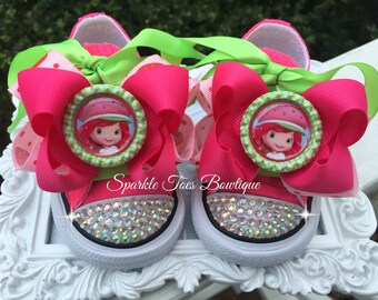 STRAWBERRY SHORTCAKE SHOES - Crystals - Strawberry Shortcake Birthday - Strawberry Shortcake Costume Pink Converse shoes Sizes 2-13
