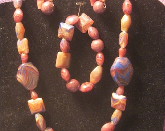 BROWN BLUE CREAM Marbled Stone Jewelry Set