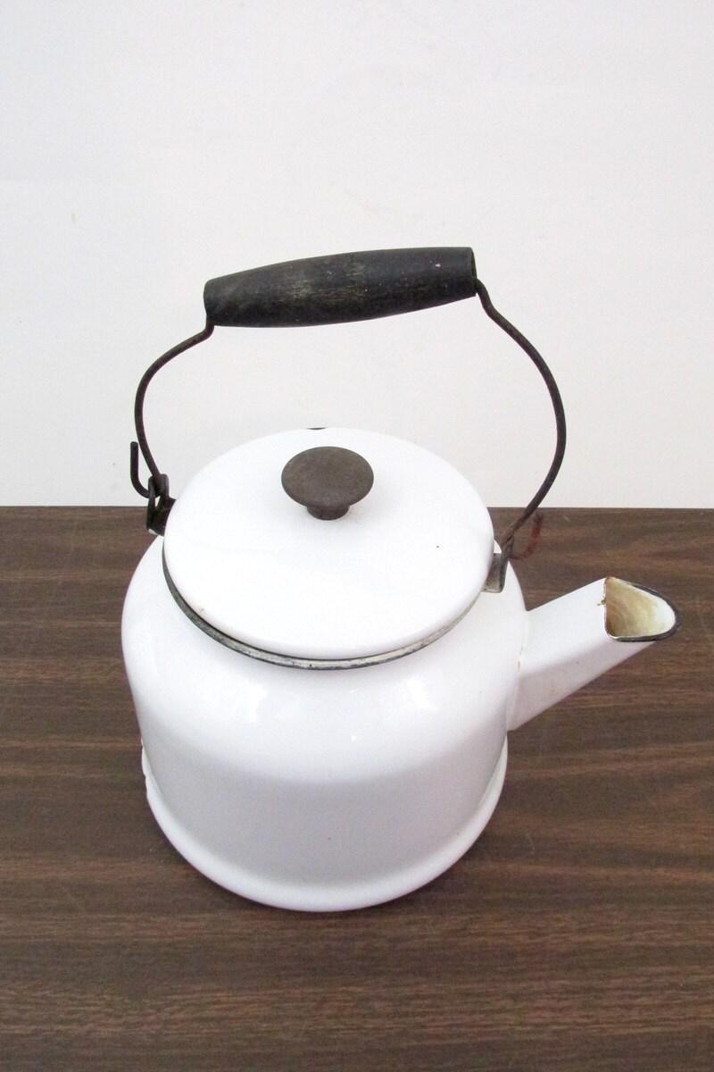 Vintage Enamel Kettle / White Enamelware Tea Kettle with Black