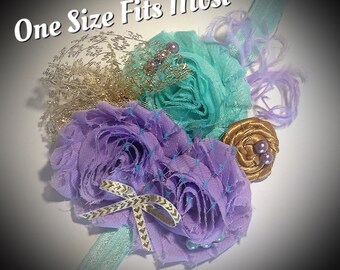 Baby headband aqua lavender wedding headband toddler headband adjustable headband girl headband princess jasmine headband ostrich feather