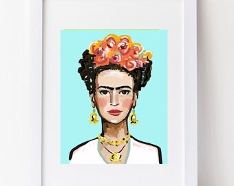 Frida Kahlo Print, aqua, roses, orange, various sizes, paper or canvas