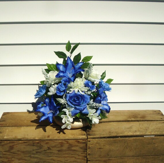 Royal Blue and Ivory Handmade Silk Flower Arrangement with